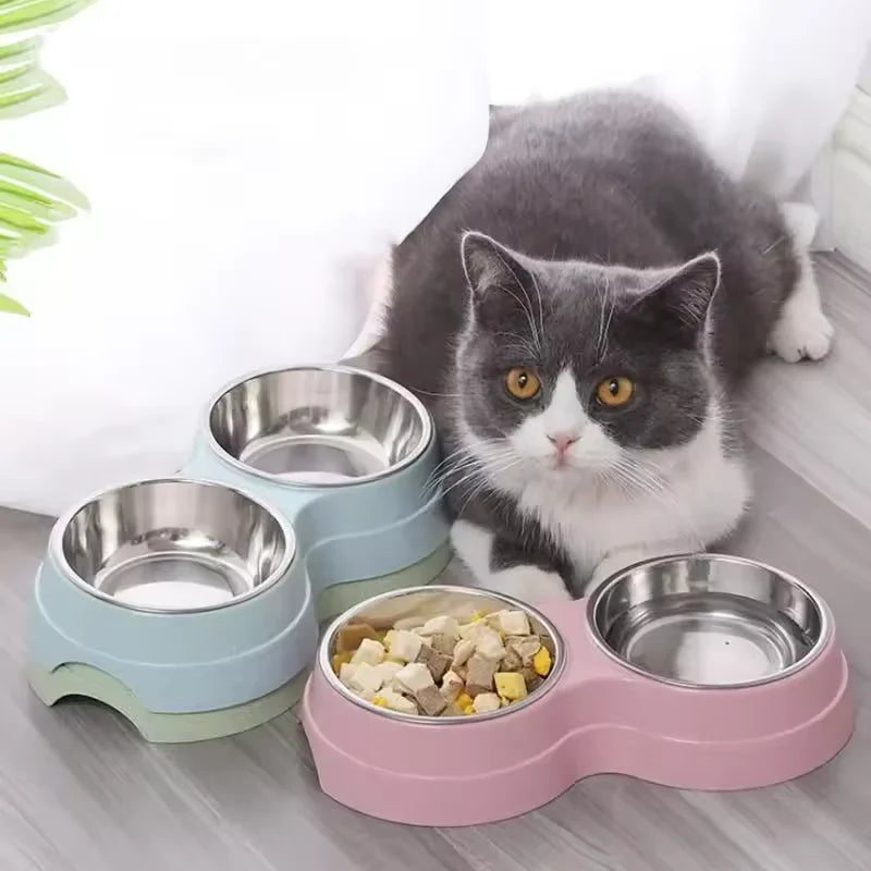 Double Pet Bowls Dog Food Water Feeder Stainless Steel