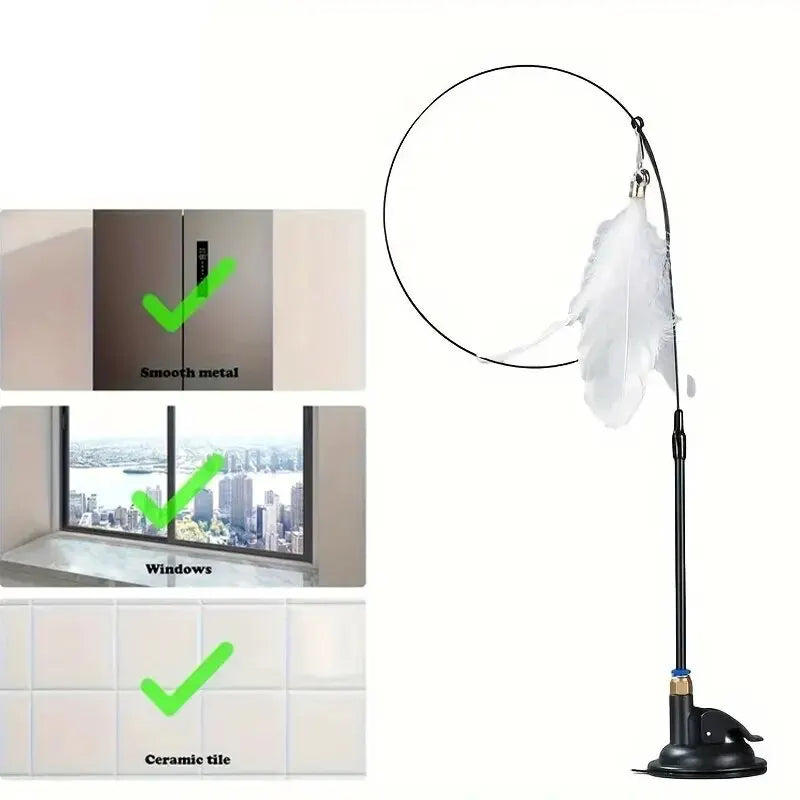 Cat Teaser Toy - Interactive Bell & Feather Wand - Long Suction Cup Pole for Exciting Playtime