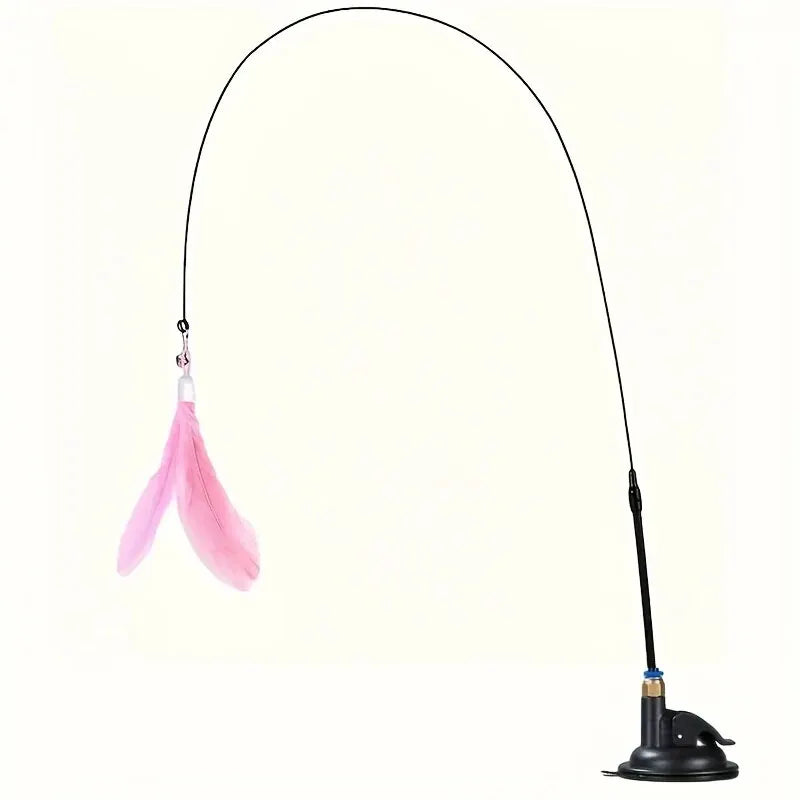 Cat Teaser Toy - Interactive Bell & Feather Wand - Long Suction Cup Pole for Exciting Playtime