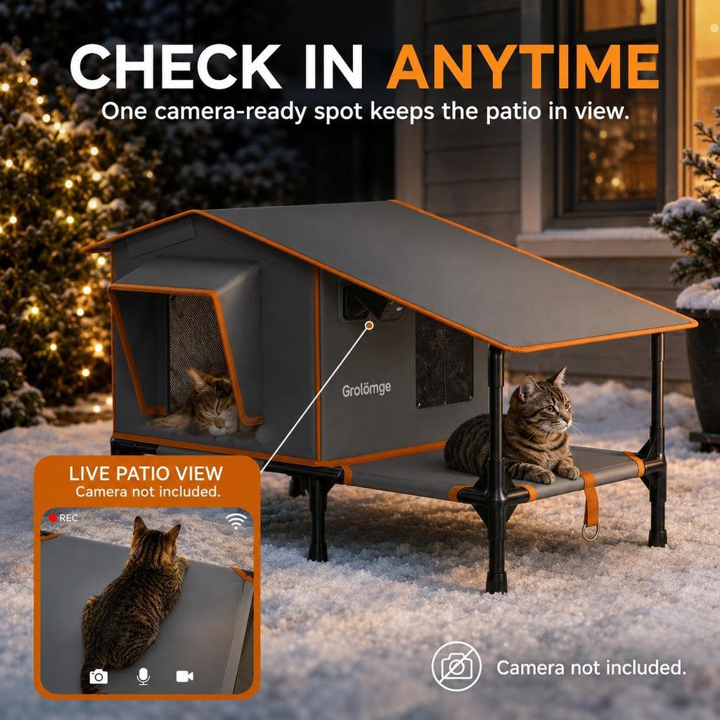 Heated Outdoor Cat House with Covered Terrace, Feeding Bowl & Dual Exits