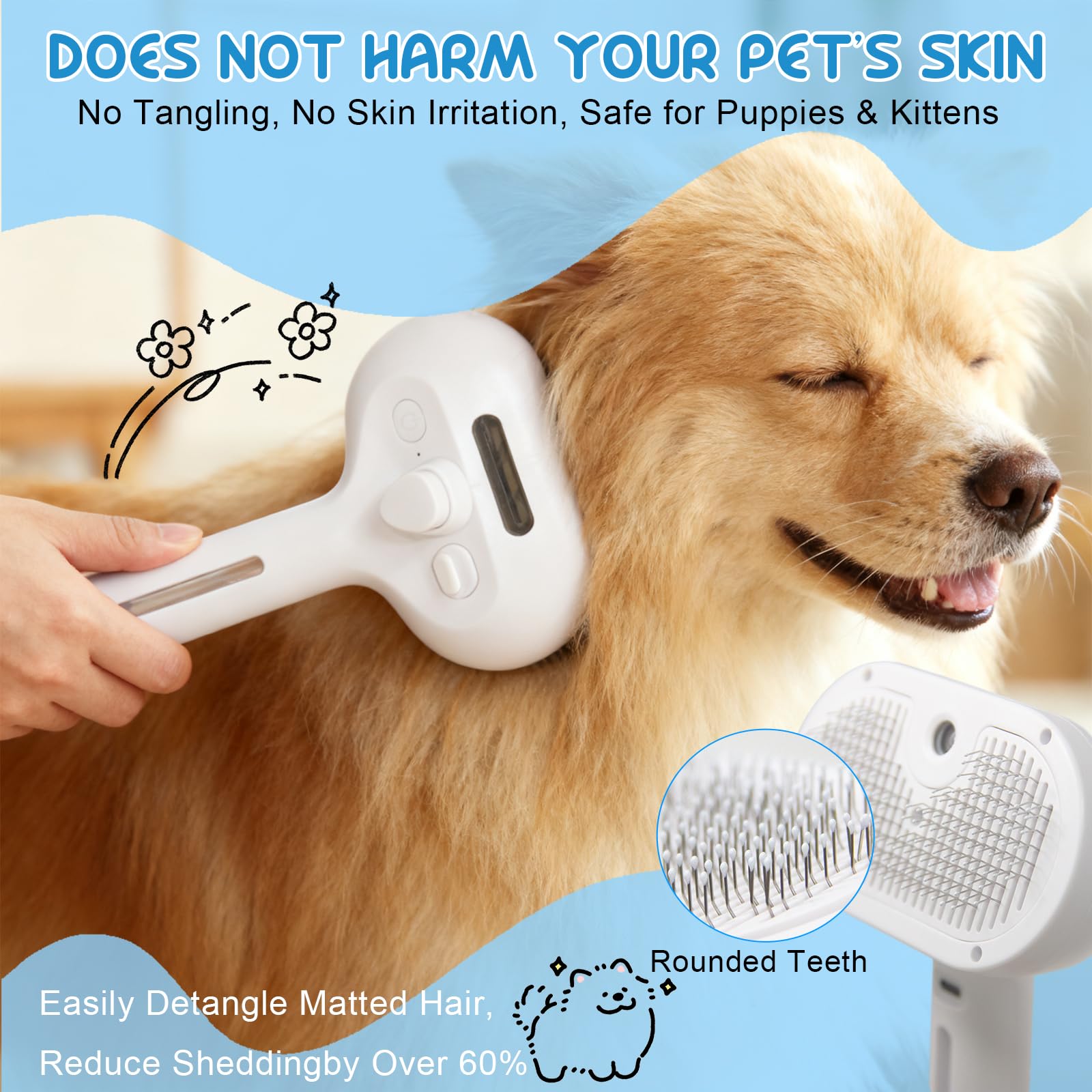 Steam Brush For Cats & Dogs, Cool Mist Self-Cleaning Comb