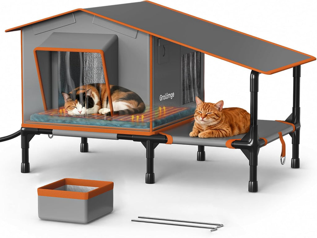 Heated Outdoor Cat House with Covered Terrace, Feeding Bowl & Dual Exits