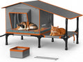 Heated Outdoor Cat House with Covered Terrace, Feeding Bowl & Dual Exits