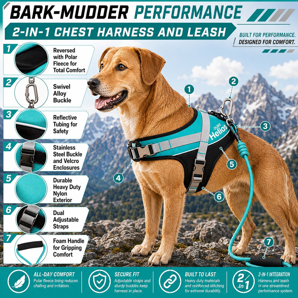 'Bark-Mudder' 2-in-1 Reflective and Adjustable Sporty Dog Harness and Leash
