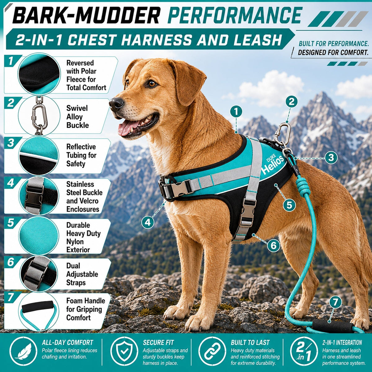 'Bark-Mudder' 2-in-1 Reflective and Adjustable Sporty Dog Harness and Leash