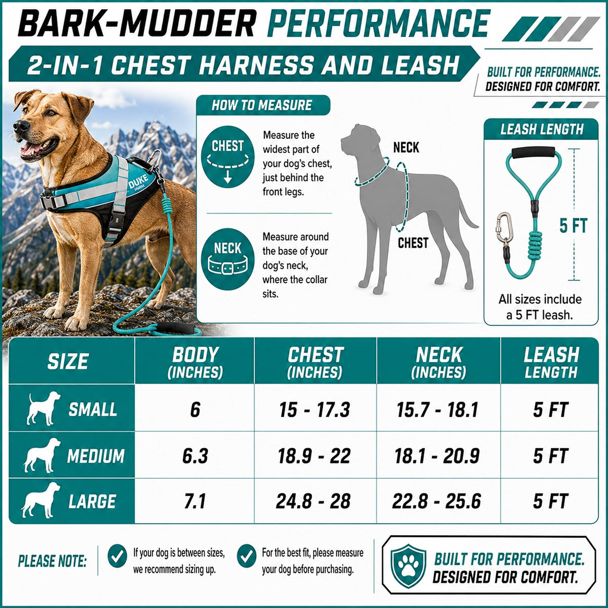 'Bark-Mudder' 2-in-1 Reflective and Adjustable Sporty Dog Harness and Leash