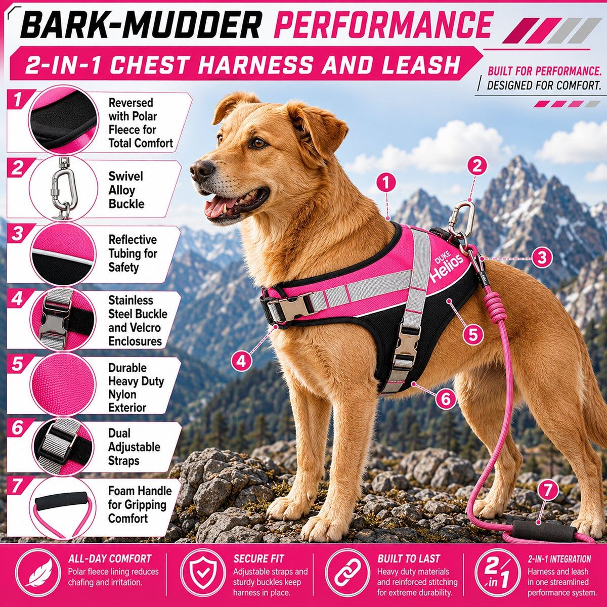 'Bark-Mudder' 2-in-1 Reflective and Adjustable Sporty Dog Harness and Leash