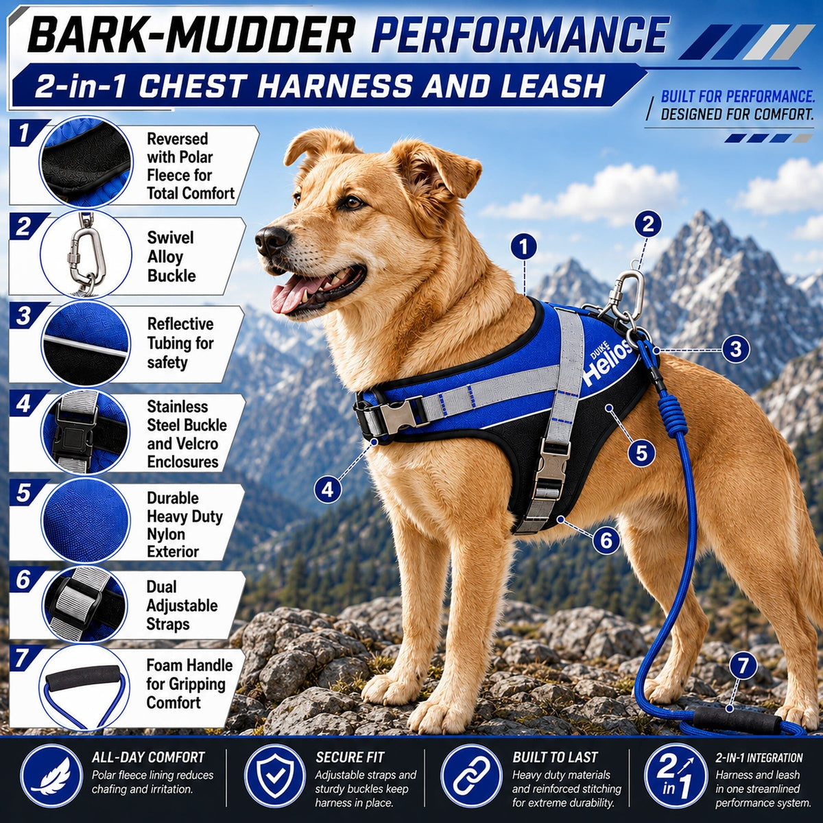 'Bark-Mudder' 2-in-1 Reflective and Adjustable Sporty Dog Harness and Leash