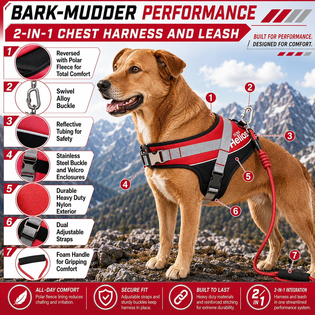'Bark-Mudder' 2-in-1 Reflective and Adjustable Sporty Dog Harness and Leash