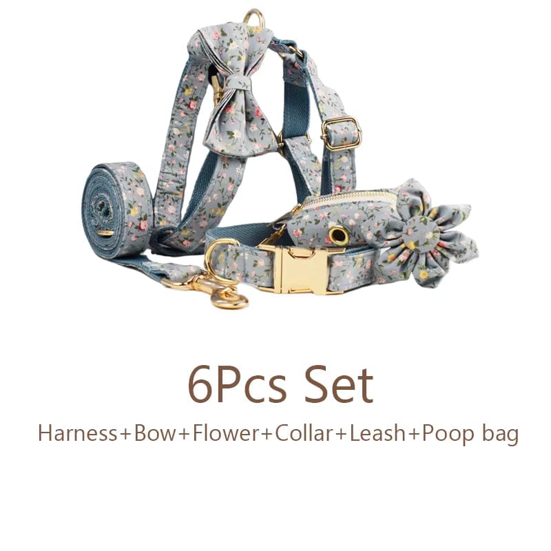 Dusty Blue Floral Set No Pull Harness Set