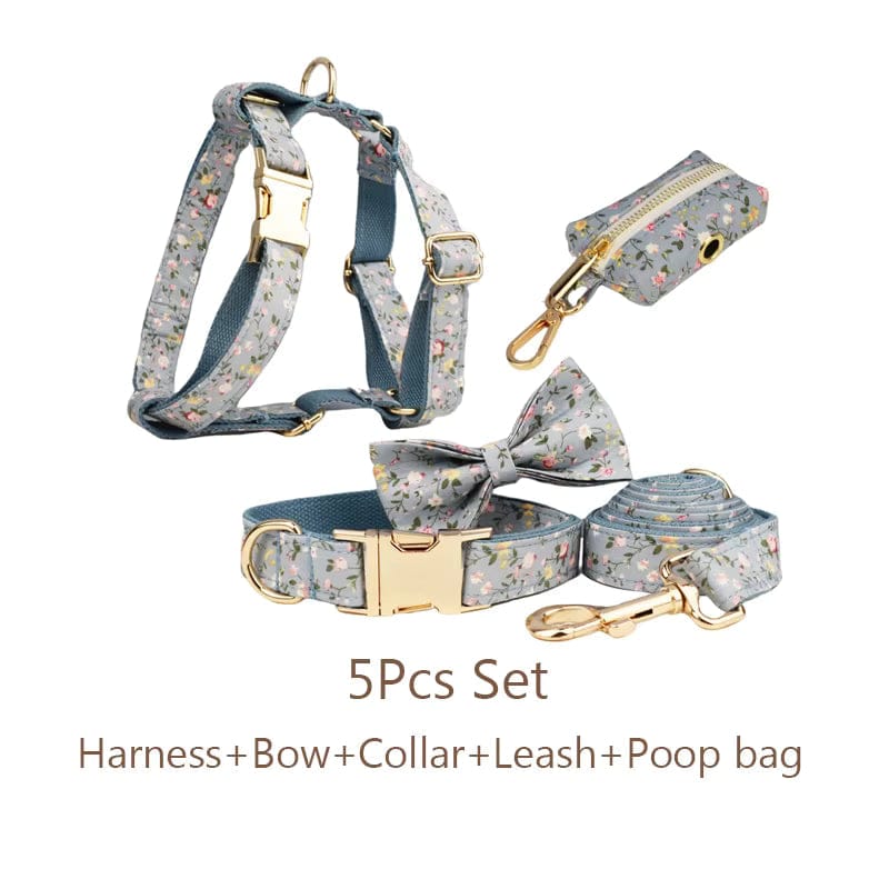 Dusty Blue Floral Set No Pull Harness Set