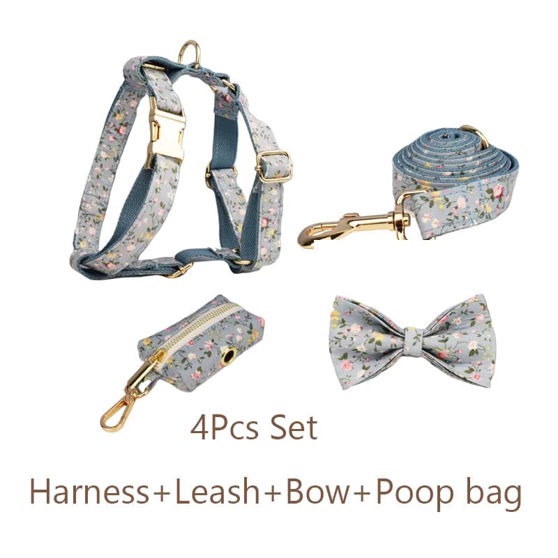 Dusty Blue Floral Set No Pull Harness Set
